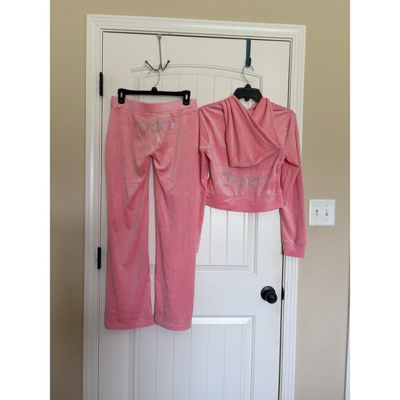 Juicy Couture Velour Tracksuit Set Hoodie Pants Rhinestone Logo Flamingo Pink S - Picture 7 of 7